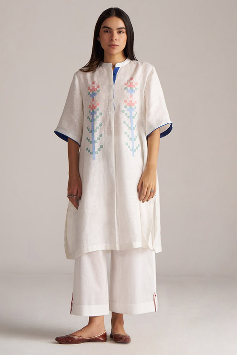 White Linen Embroidered Kurta and Pants Co-ord Set
