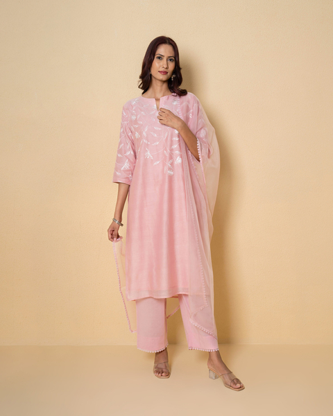 Misty Rose Embroidered Chanderi Suit Set
