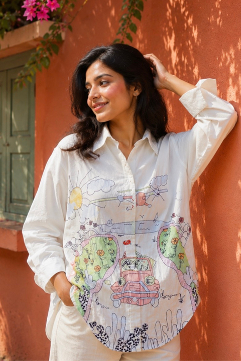 White Scenic Print Relaxed-Fit Shirt