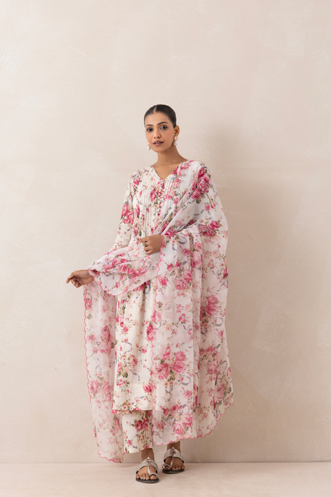 Pink and White Floral Printed Flared Kurta Set