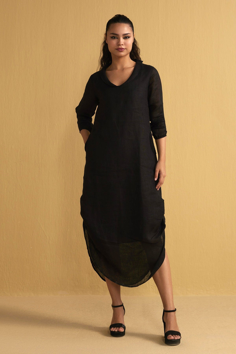 Black Linen V-Neck Midi Dress with Pockets