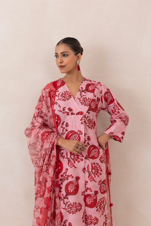 Pink and Red Printed Cotton Slub Kurta Set