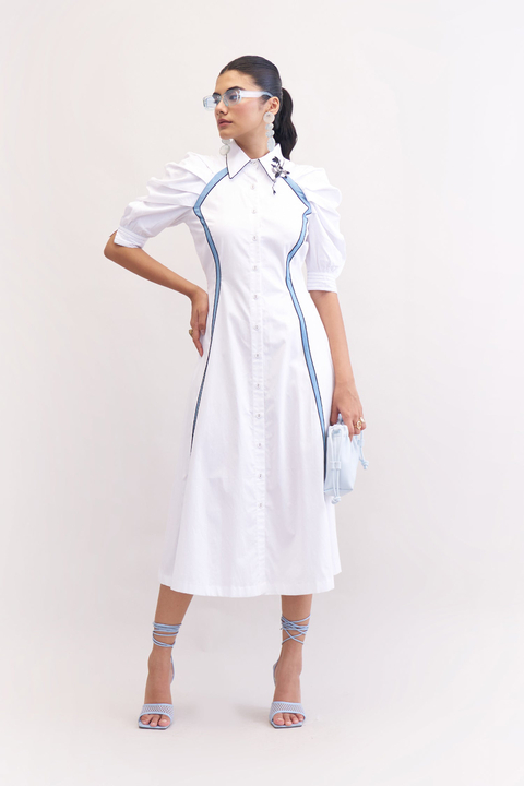 White Midi Shirt Dress with Blue Side Panels