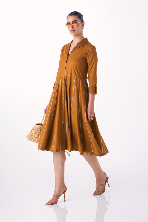 Teakwood Cotton Satin Fit and Flare Midi Shirt Dress