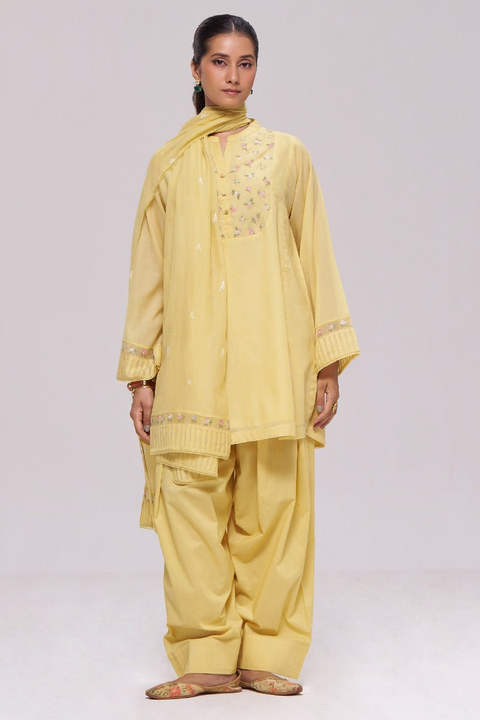 Yellow Mul-Chanderi Kurta Set