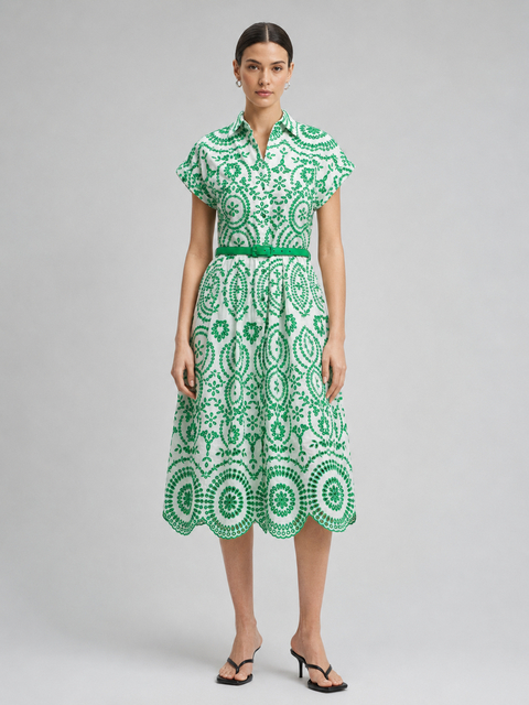 White and Green English Embroidery Midi Shirt Dress