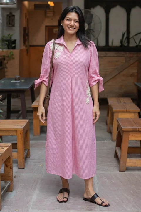 Pink Striped Shirt Midi Dress with Floral Appliqué