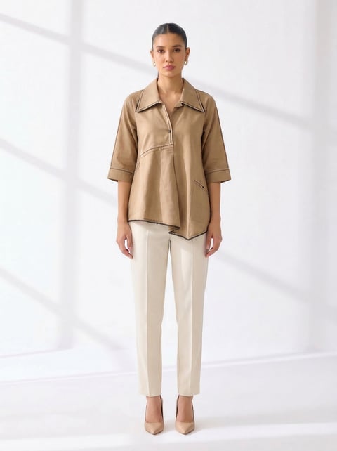 Beige Cotton Muslin Collared Relaxed Fit Top