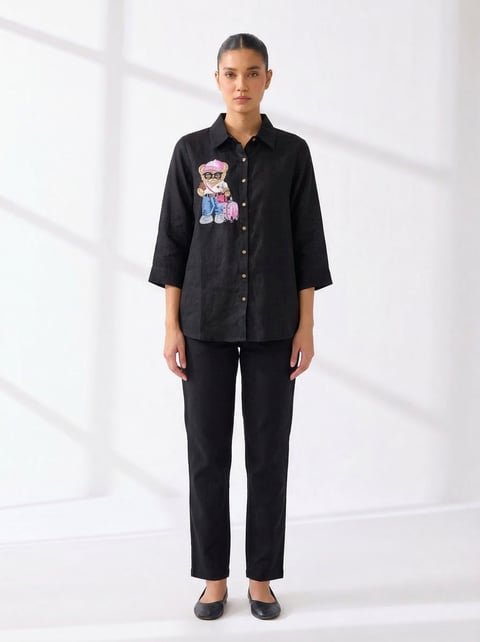 Black Linen Longline Shirt with Chest Patch