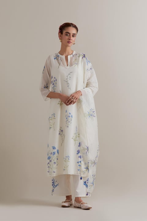 Off-White Floral Chanderi Set