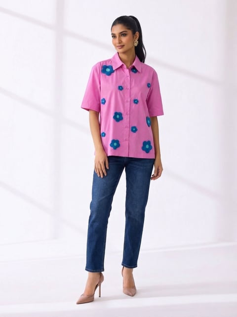 Pink Boxy Fit Floral Appliqué Button-Down Shirt