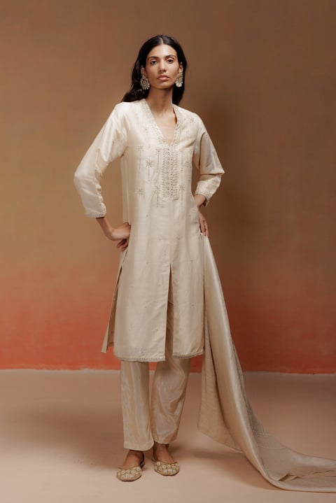 Beige Matka Silk Embroidered Kurta Set with Dupatta