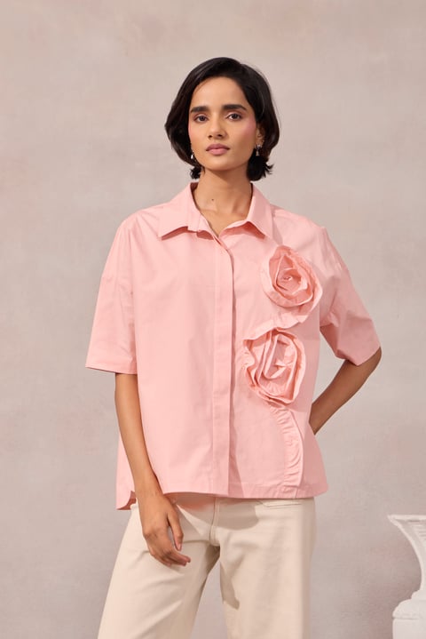 Sunset Pink Boxy Poplin Shirt with 3D Floral Detail