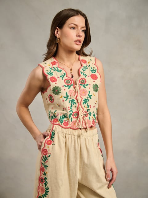 Cream Embroidered Tie-Up Crop Top