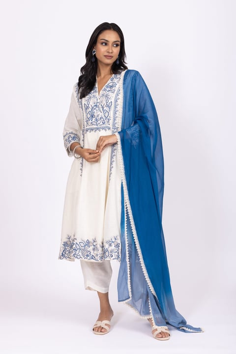 Ivory Linen A-Line Embroidered Kurta Set with Dupatta