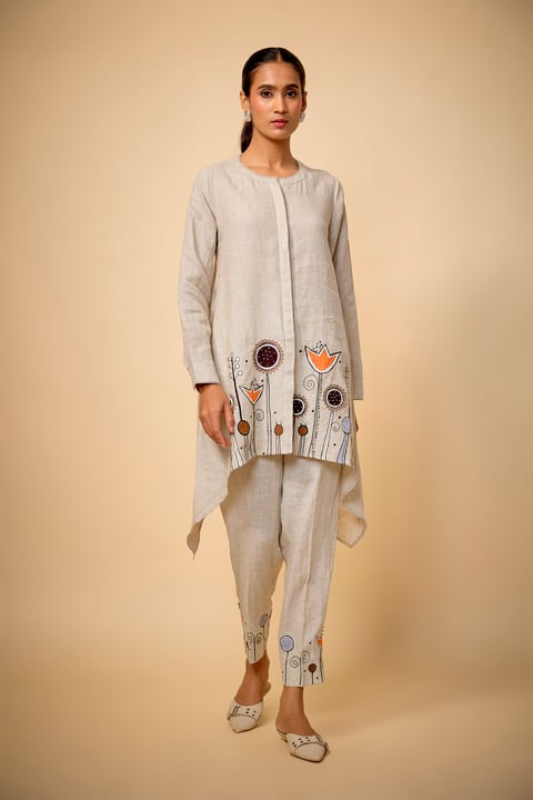 Pure Linen Beige Floral Highlow Emb Tunic & Pencil Pants