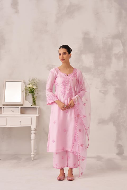 Pink Chanderi Silk Embroidered Suit Set with Dupatta