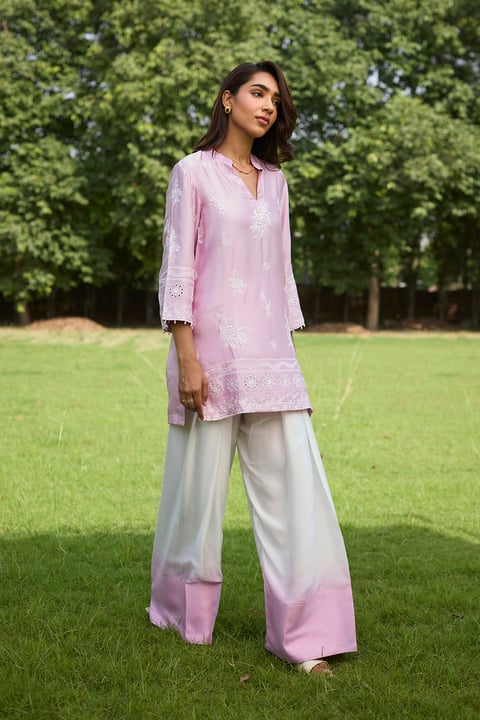 Pink and Cream Embroidered Farshi Pants Co-ord Set