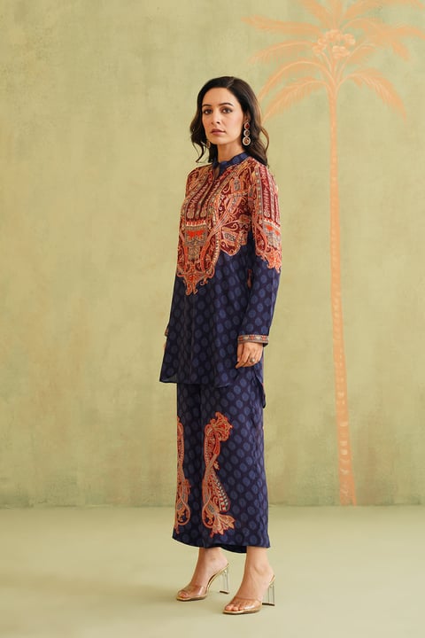 Blue Printed Kurta and Wide-Leg Pants Co-ord Set