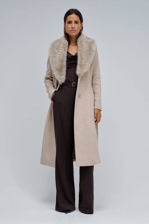 Long Wool Coat W/ Faux Fur And Belt