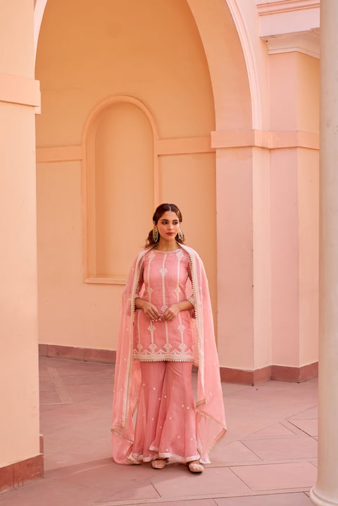 Pink Organza Kurta Sharara Set with Dupatta