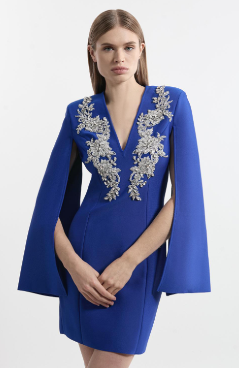 Bandage Form Fitting Cape Sleeve Embellished Mini Dress