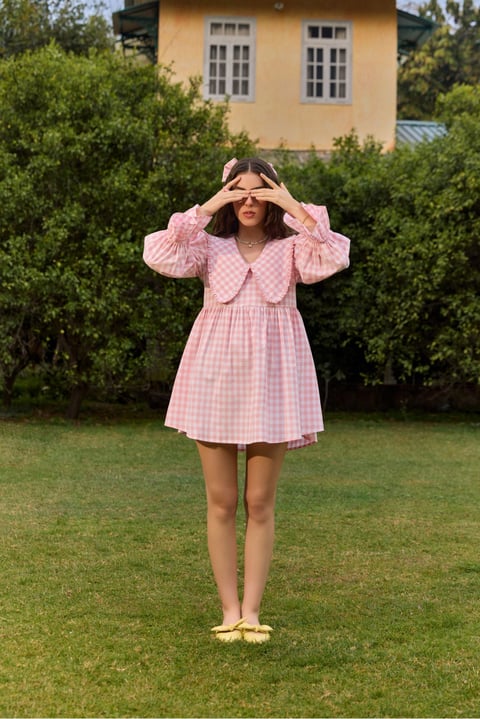 Pink Checked Fit and Flare Mini Dress with Peter Pan Collar