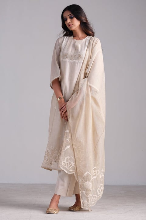Fog Beige Woven Kurta And Contrast Dupatta