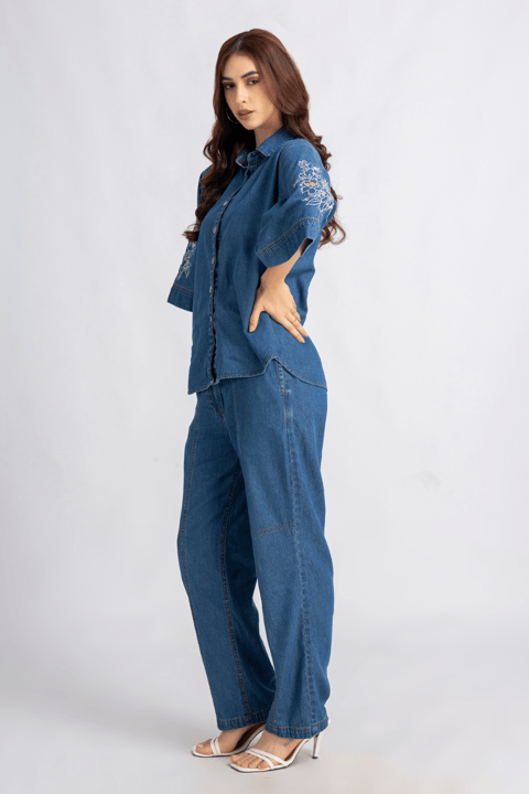 Blue Denim Embroidered Shirt and Pants Co-ord Set