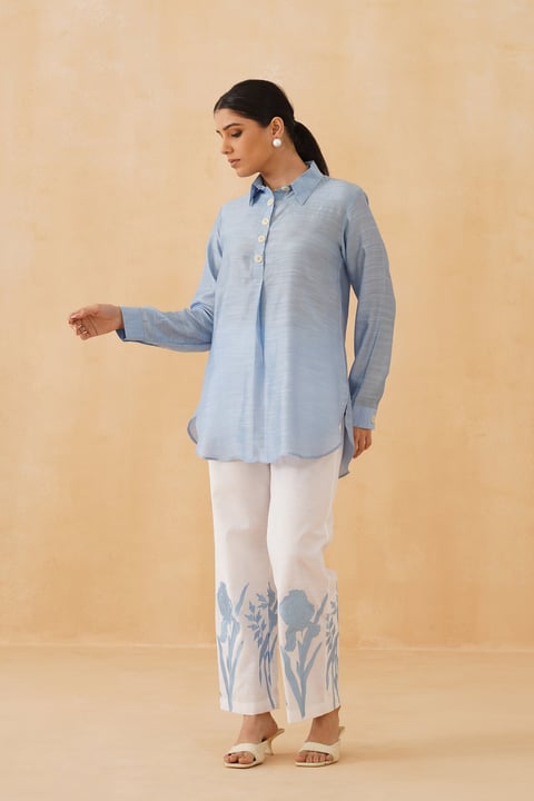 Sky Blue Tunic Shirt and White Printed Pants Co-ord Set