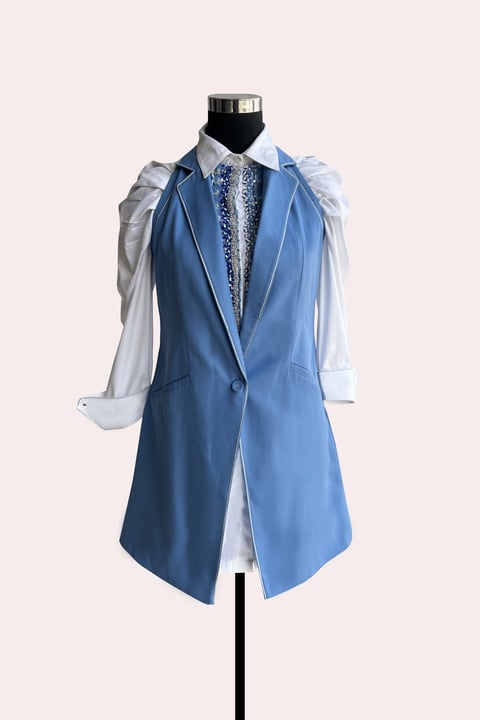White and Blue Colorblocked Embellished Blazer Dress
