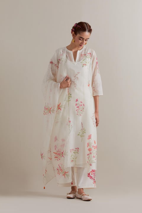 Off-White Floral Hand Block Print Kurta Set with Dupatta