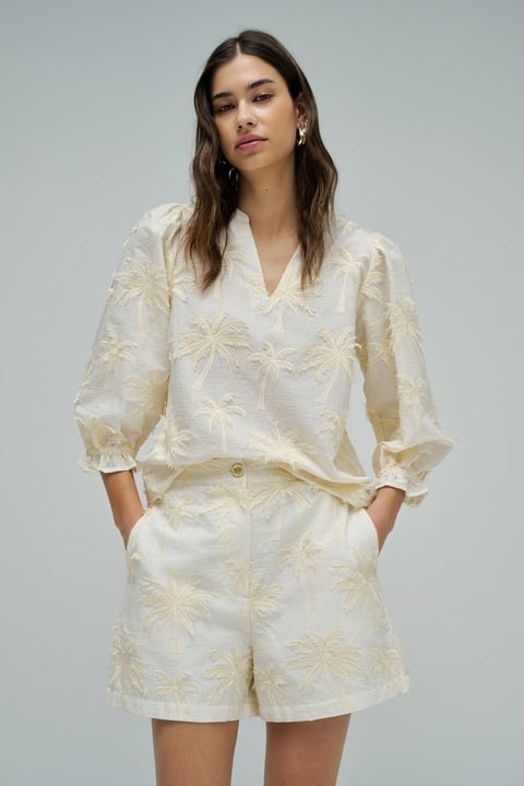 Light Pearl Palm Embroidered V-Neck Top