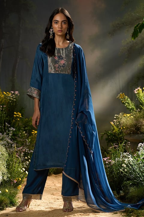Ensign Blue Silk Festive Kurta Set