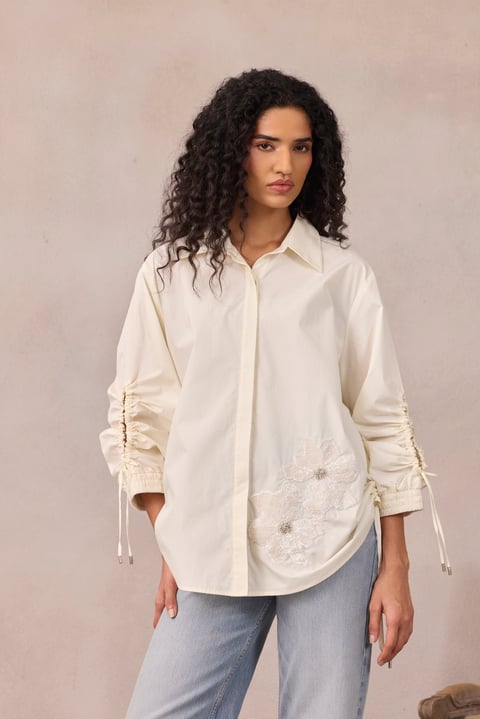 Vanilla Cloud Cotton Poplin Applique Button-Down Shirt