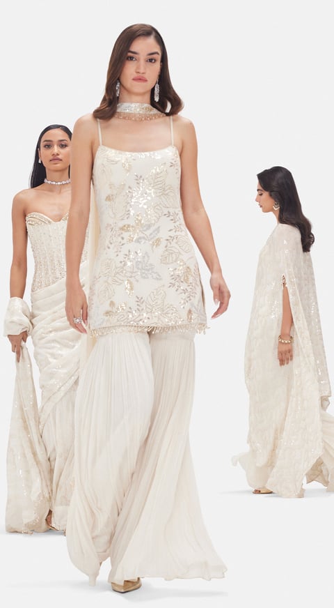 Ivory Georgette Sequin Sharara Kurta Set with Dupatta