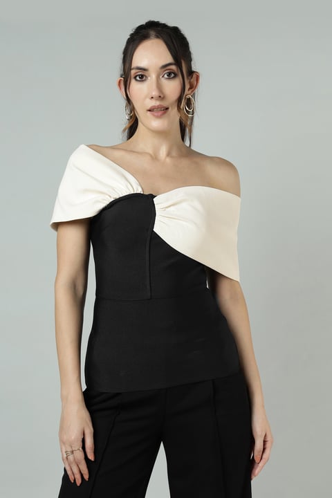 Figure Form Bandage Knit Asymmetric Strap Top