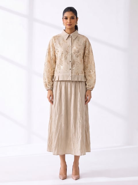 Beige Embellished Shirt and A-Line Midi Skirt Co-ord Set