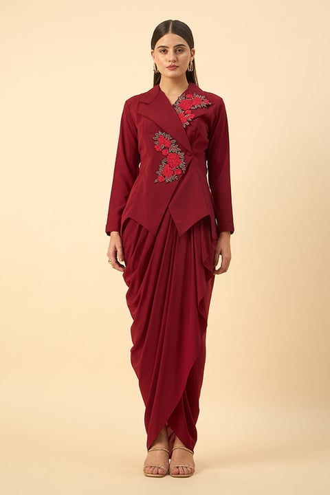 Red Floral Embroidered Blazer & Skirt Set