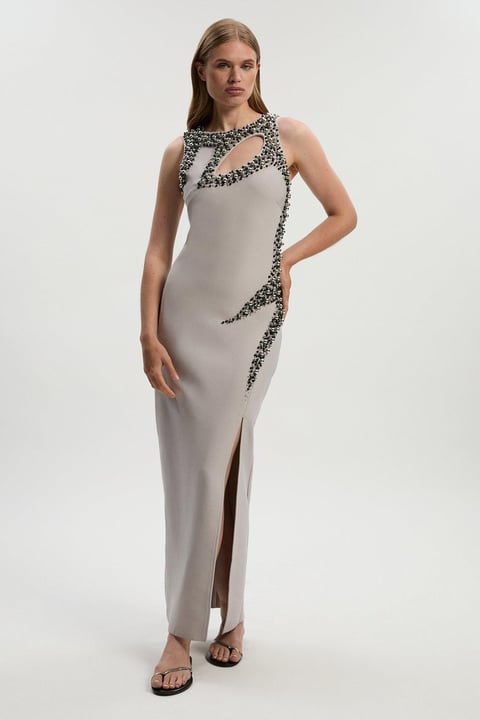 Embellished Figure Form Bandage Sleeveless Knit Maxi Dress