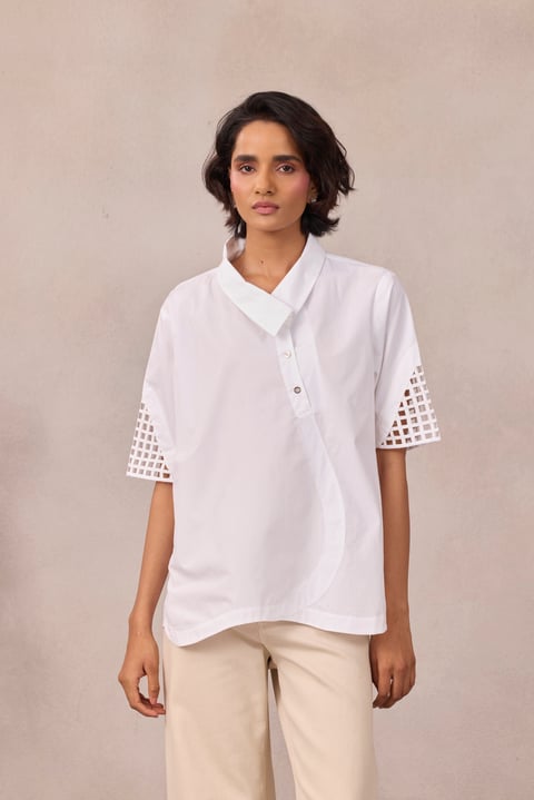 Bright White Poplin Shirt with Geometric Sleeve Cutwork