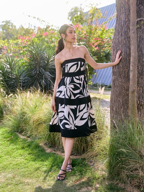 Black Strapless Abstract Print Midi Fit and Flare Dress