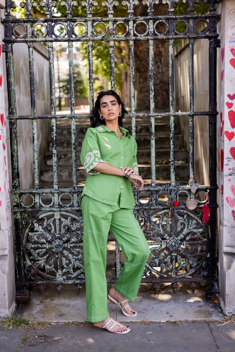 Green Linen-Cotton Embroidered Shirt and Pant Co-ord Set