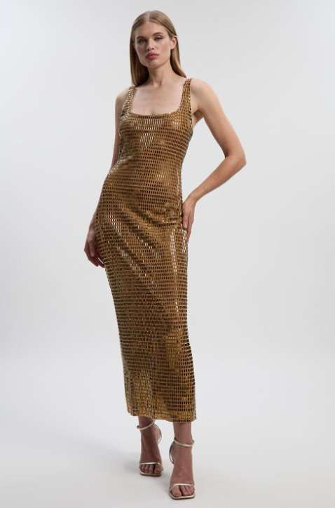 Gold Metallic Embellished Bodycon Midi Dress