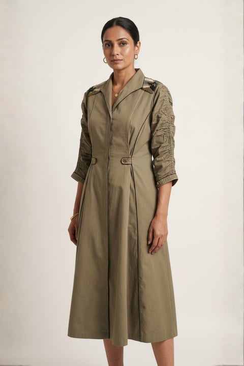 Army Green Cotton Button-Down Fit and Flare Midi Dress