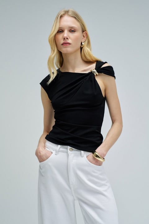 Black One-Shoulder Draped Top with Hardware Ring Detail
