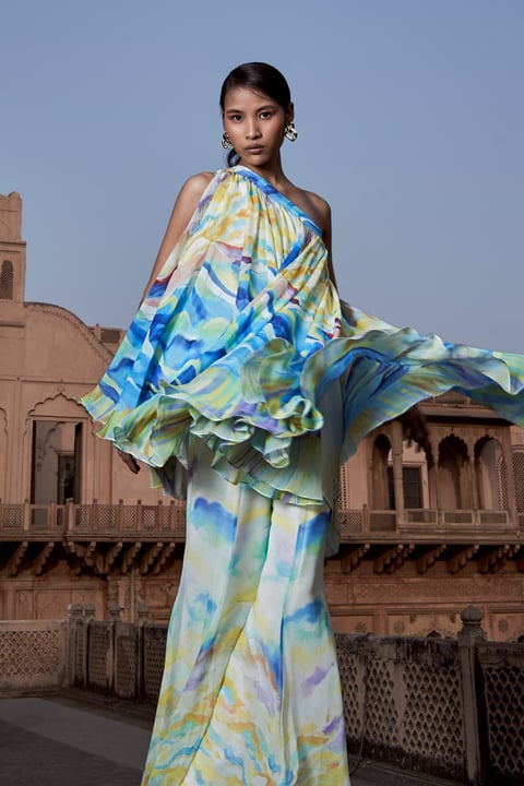 One-Shoulder Printed Tunic and Flared Sharara Set