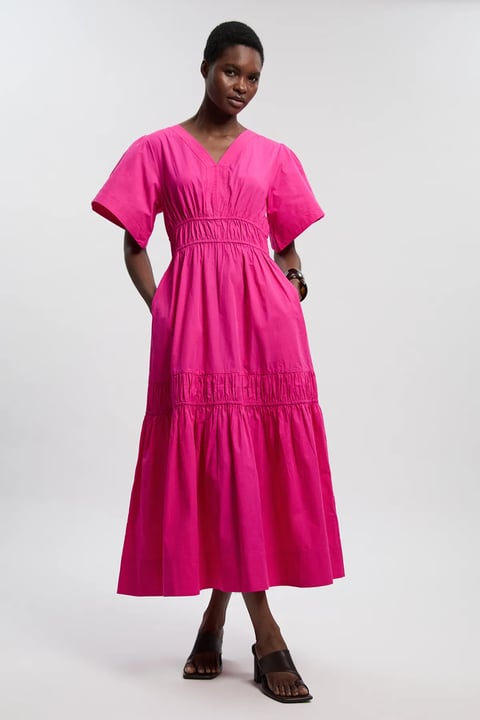 Hot Pink Tiered Maxi Dress with V-Neck