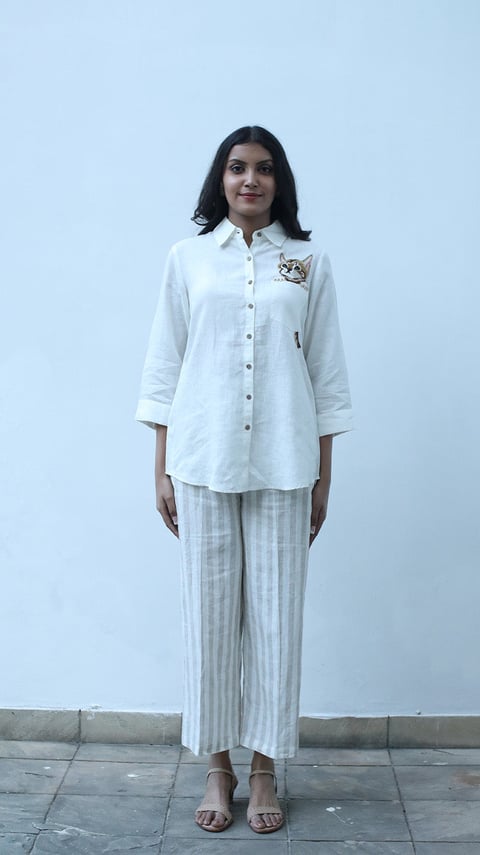 Ivory Linen Embroidered Lounge Shirt