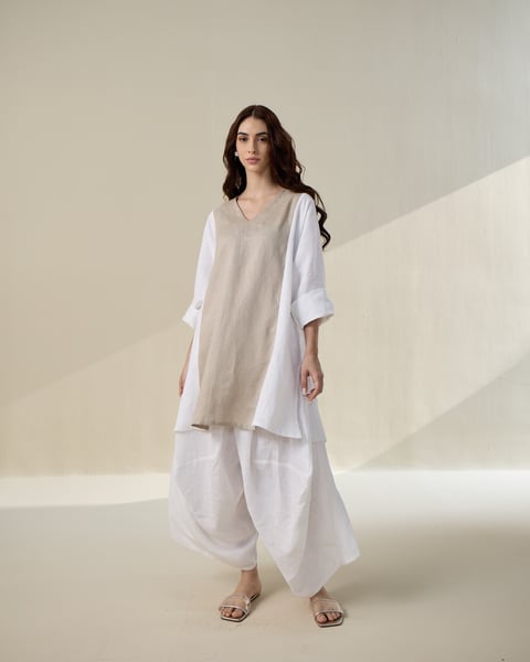 White and Taupe Linen Colorblock Kurta Set